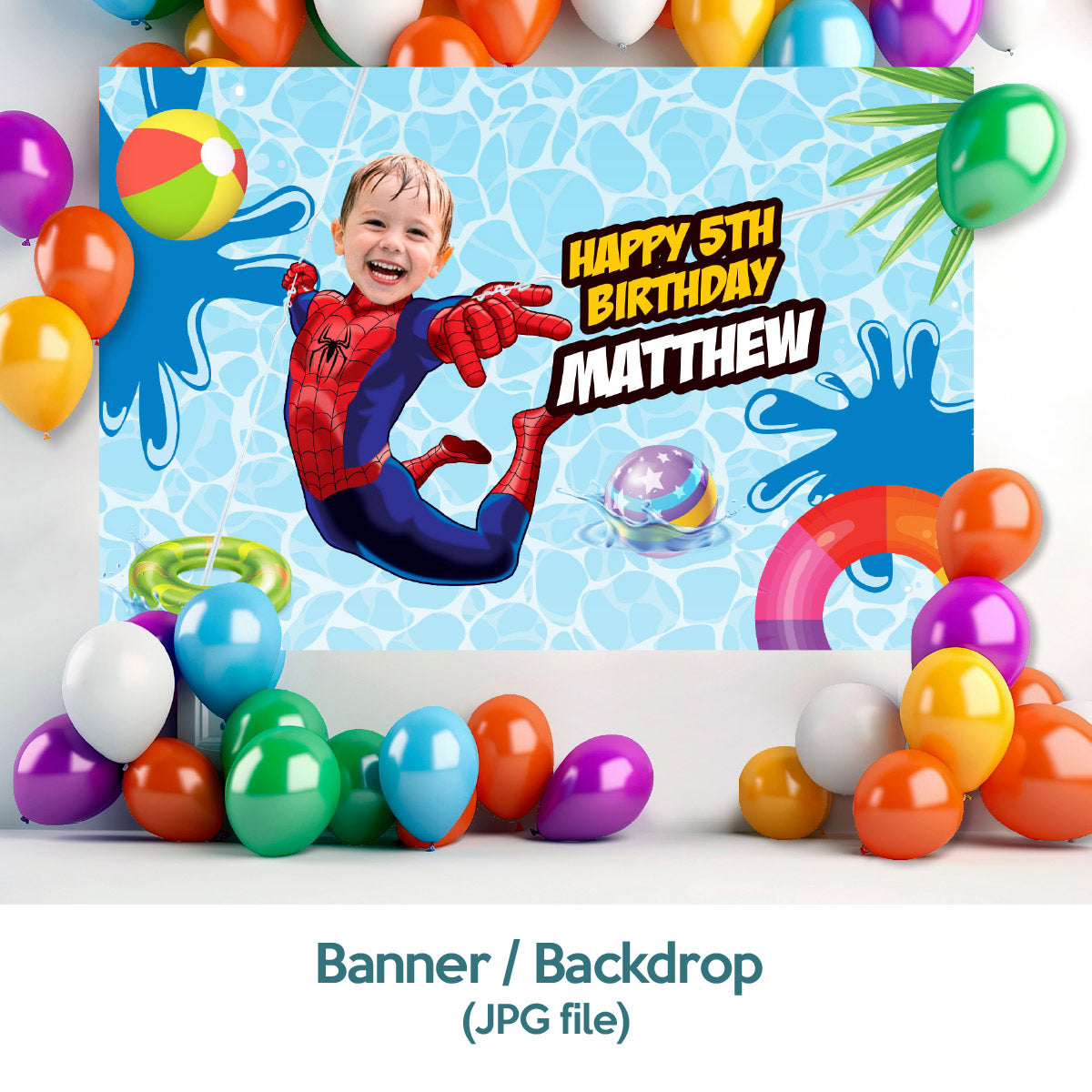 Bundle Spiderman Splash Party decoration with birthday kid as the star: Backdrop, Cake, Welcome. 932B4