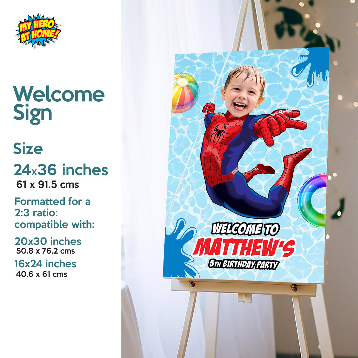 Bundle Spiderman Splash Party decoration with birthday kid as the star: Backdrop, Cake, Welcome. 932B4