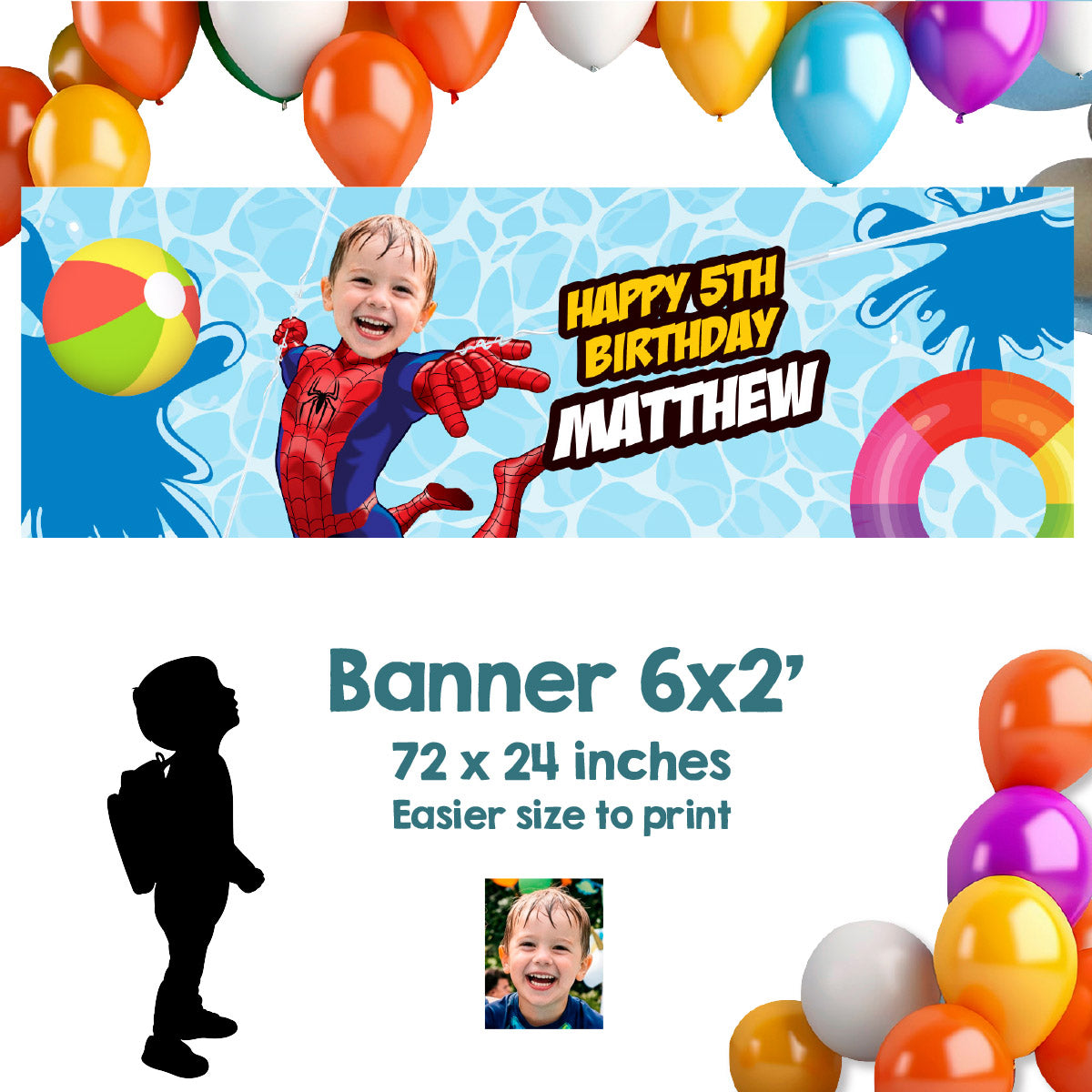 Spiderman Pool Party banner customized with your kid as Spiderman (6x2', Horizontal, Easy to print). 932BBH