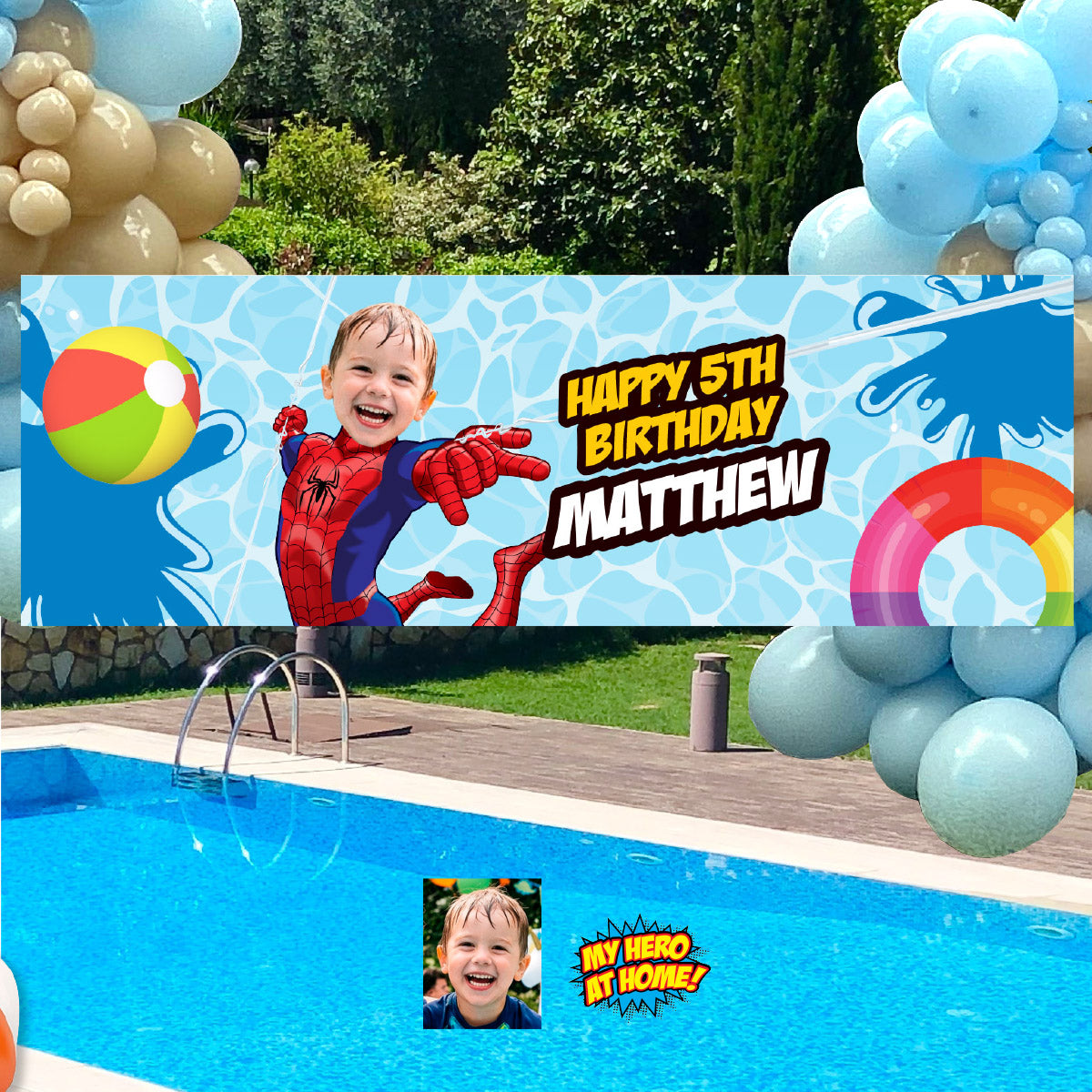 Spiderman Pool Party banner customized with your kid as Spiderman (6x2', Horizontal, Easy to print). 932BBH