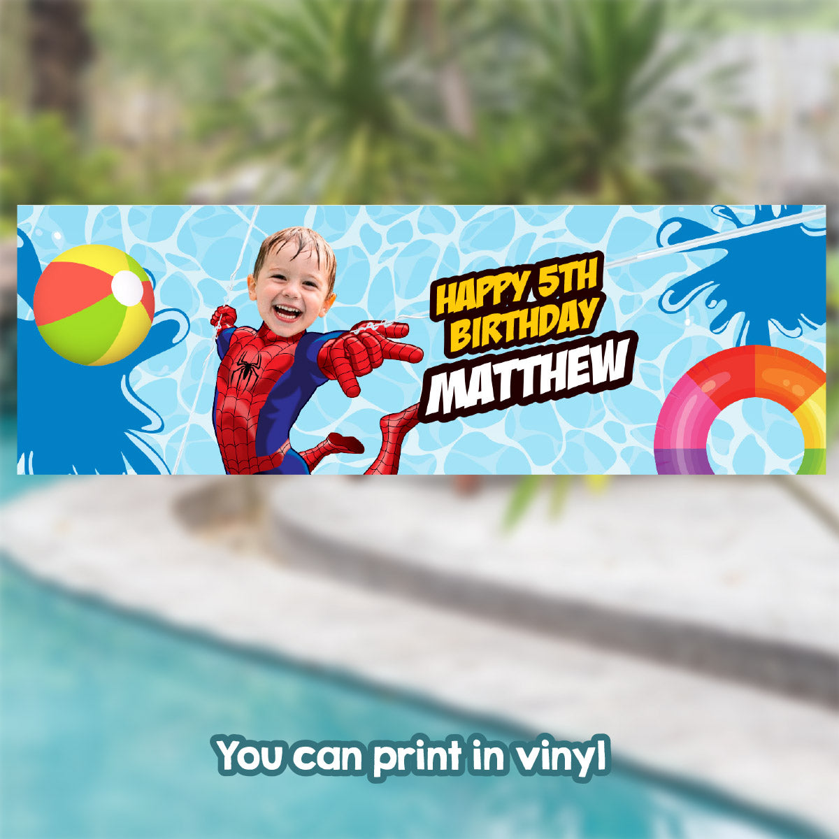 Spiderman Pool Party banner customized with your kid as Spiderman (6x2', Horizontal, Easy to print). 932BBH