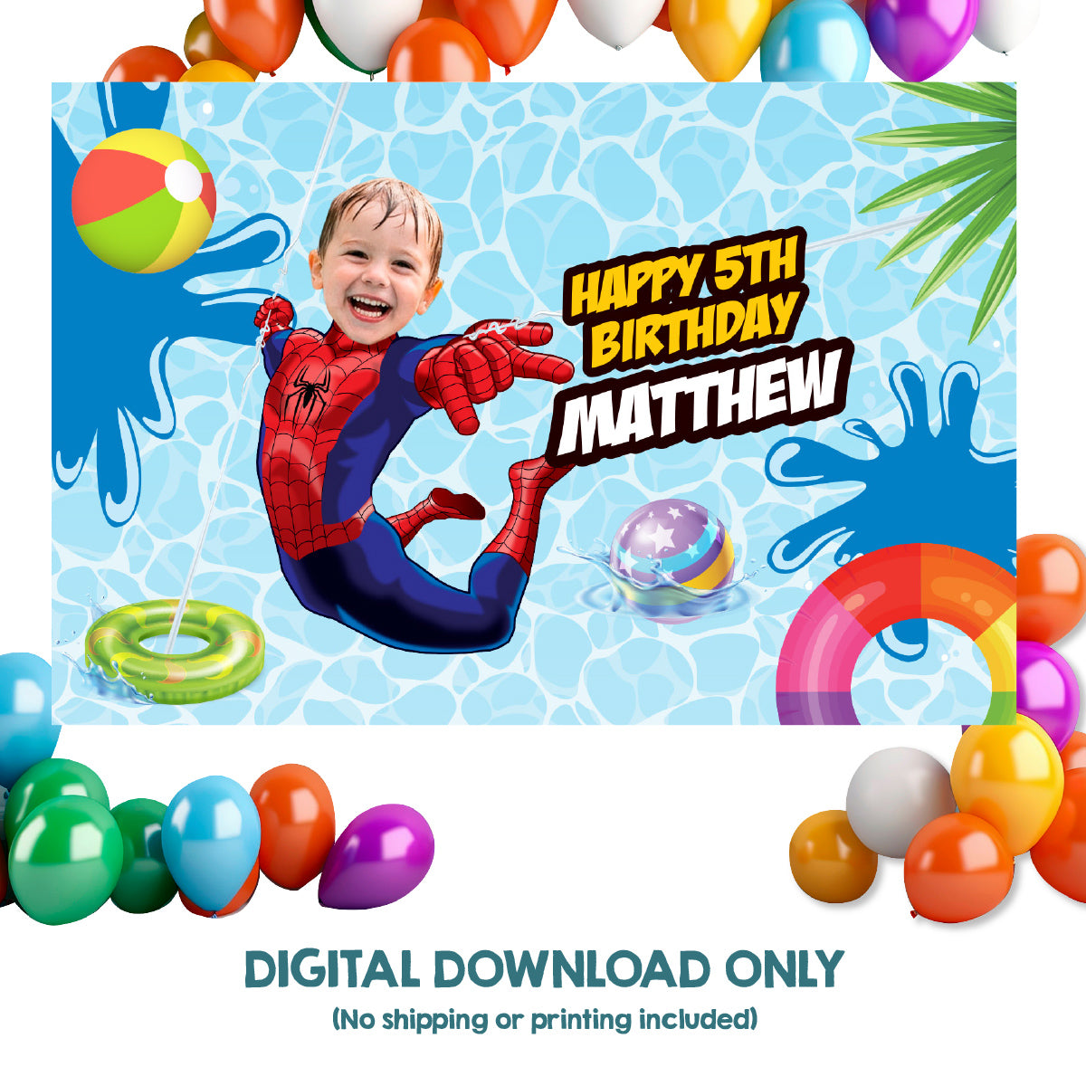 Spiderman Pool Party Banner with birthday boy as the star, Spiderman Splash Party Backdrop. 932BB