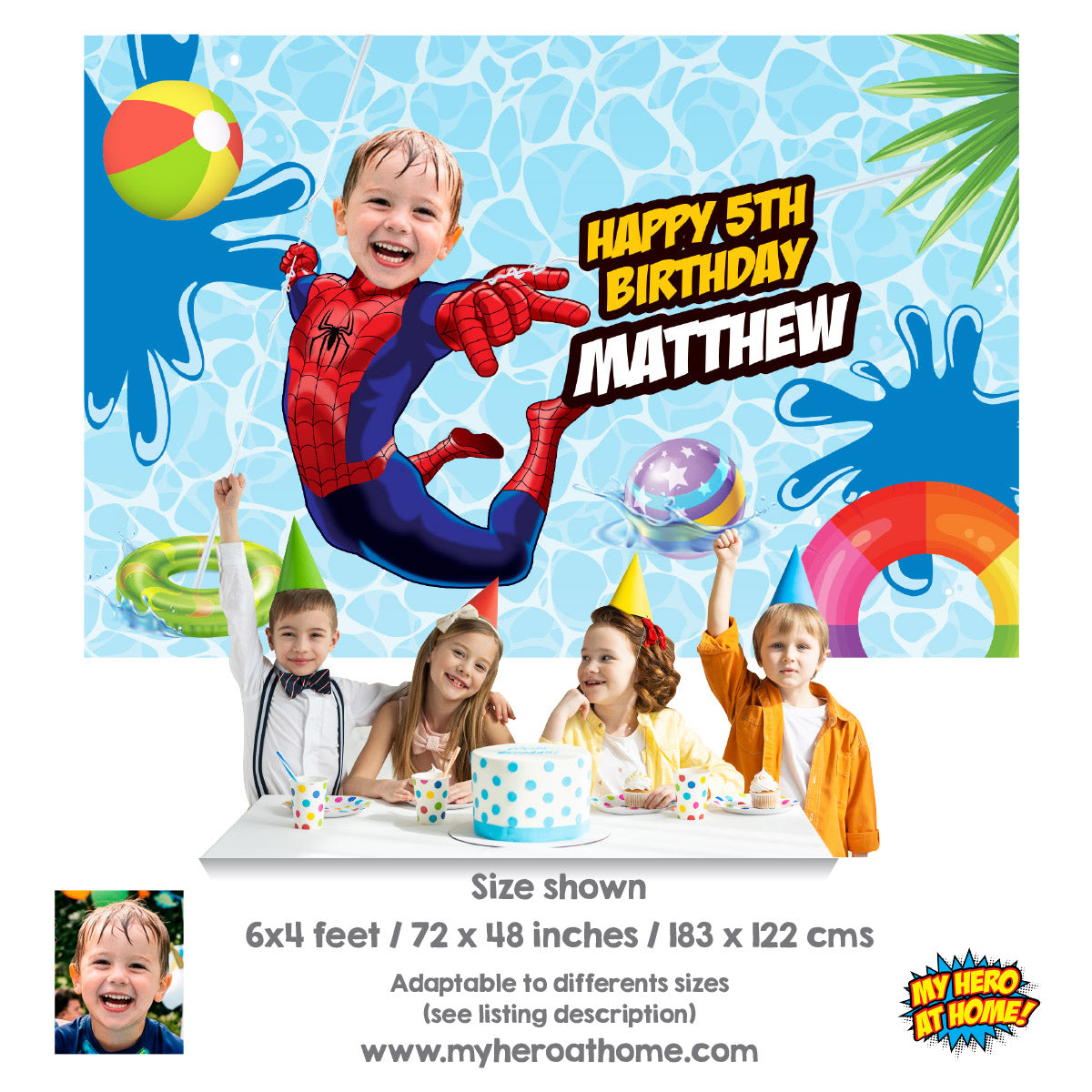 Spiderman Pool Party Banner with birthday boy as the star, Spiderman Splash Party Backdrop. 932BB
