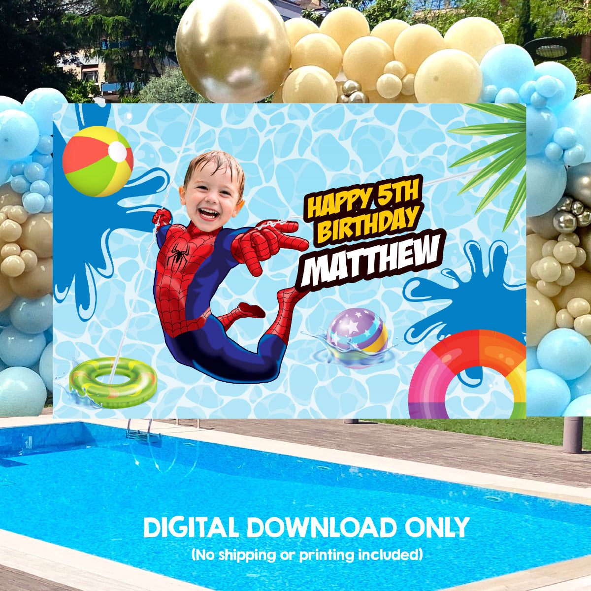 Spiderman Pool Party Banner with birthday boy as the star, Spiderman Splash Party Backdrop. 932BB