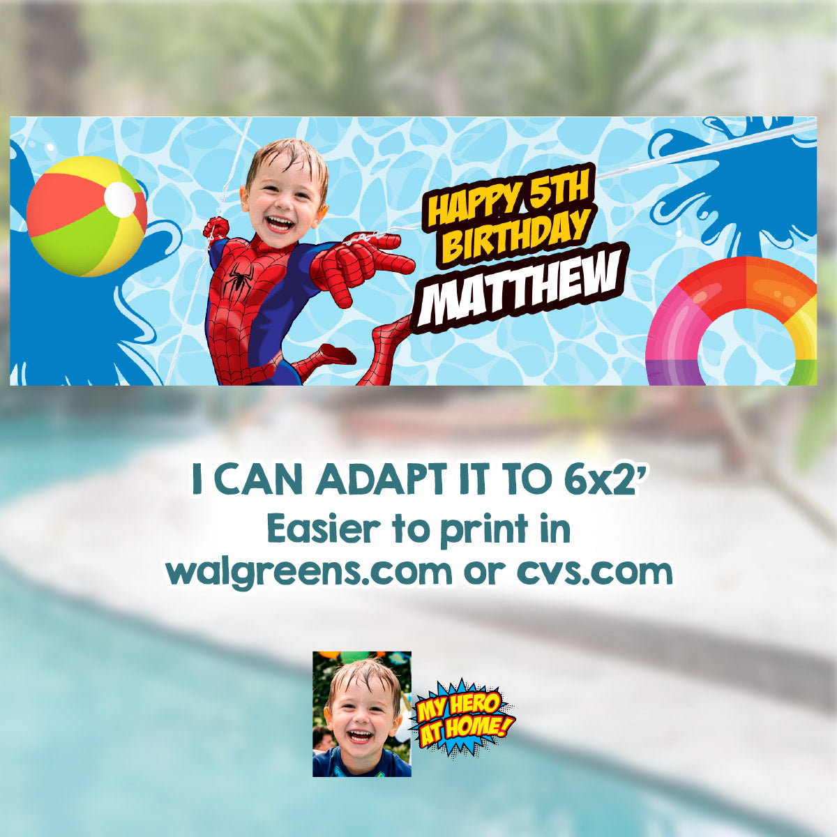 Spiderman Pool Party Banner with birthday boy as the star, Spiderman Splash Party Backdrop. 932BB