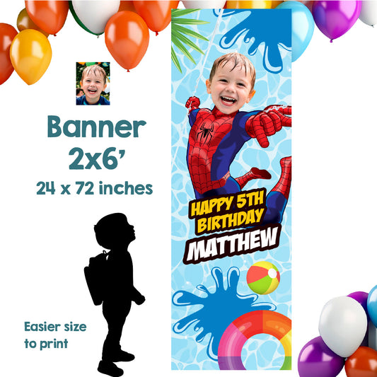 Spiderman vertical pool party banner with birthday kid as Spiderman (Portrait, Roll up banner). 932BBV