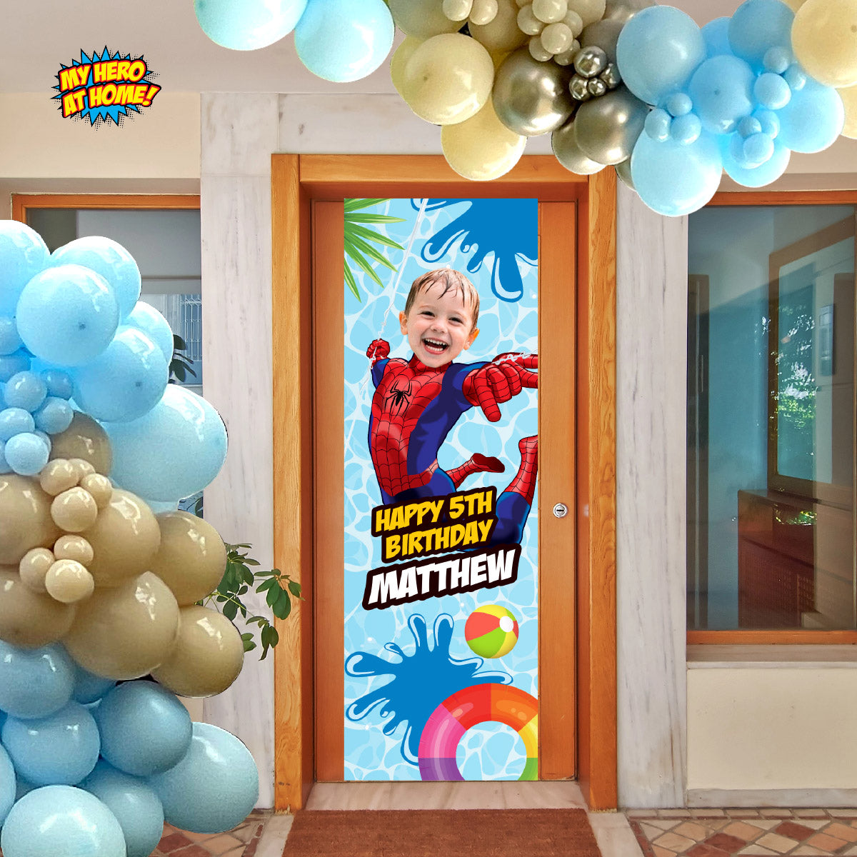 Spiderman vertical pool party banner with birthday kid as Spiderman (Portrait, Roll up banner). 932BBV