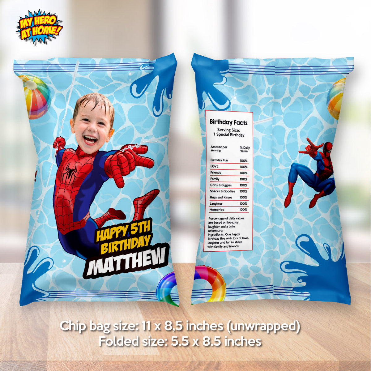 Spiderman Pool Party Chip Bags with photo, Splash Party Snacks wrappers. 932BCB