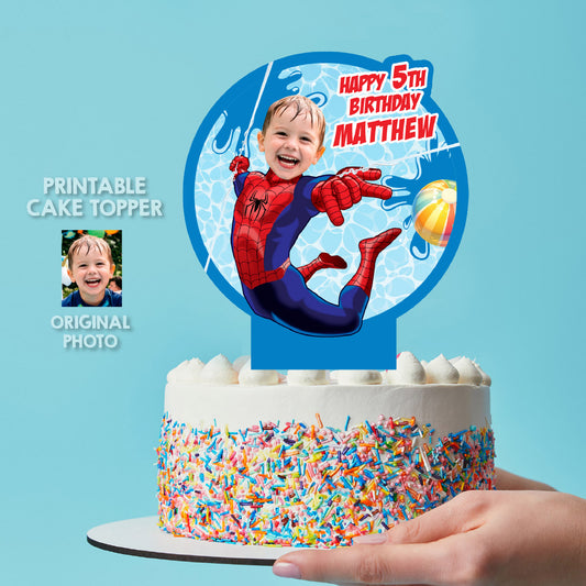 Spiderman Pool Party Cake topper with Photo, Superhero splash birthday cake. 932BCT1