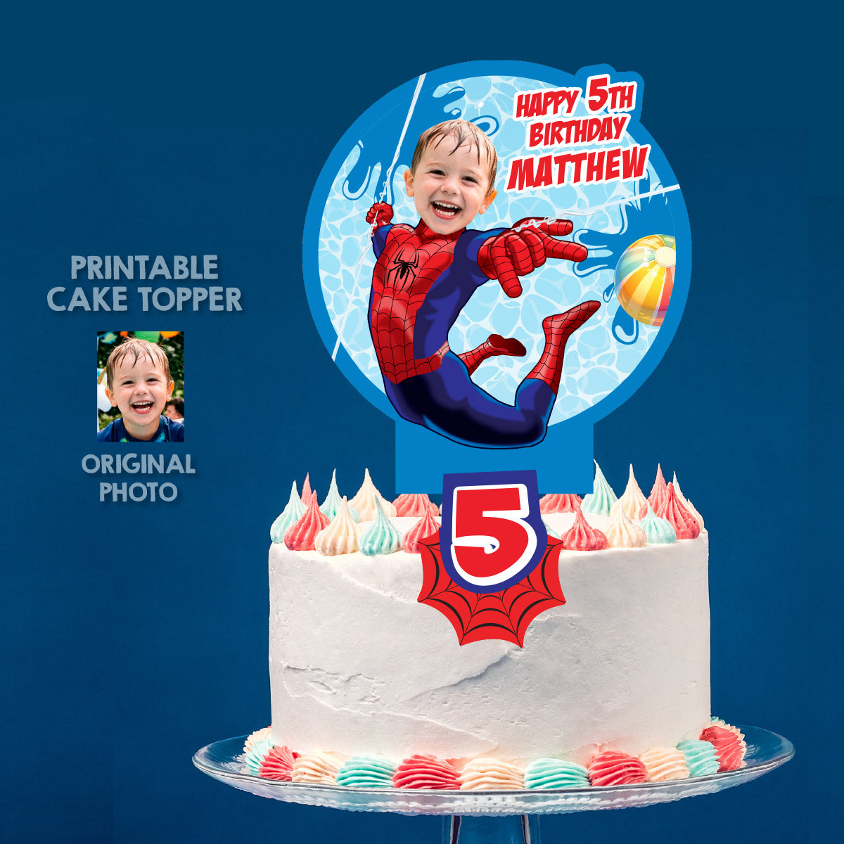 Spiderman Pool Party Cake topper with Photo, Superhero splash birthday cake. 932BCT1