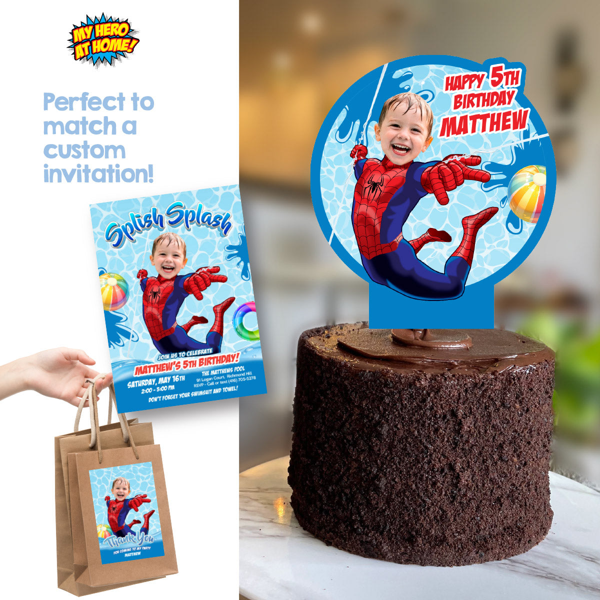Spiderman Pool Party Cake topper with Photo, Superhero splash birthday cake. 932BCT1