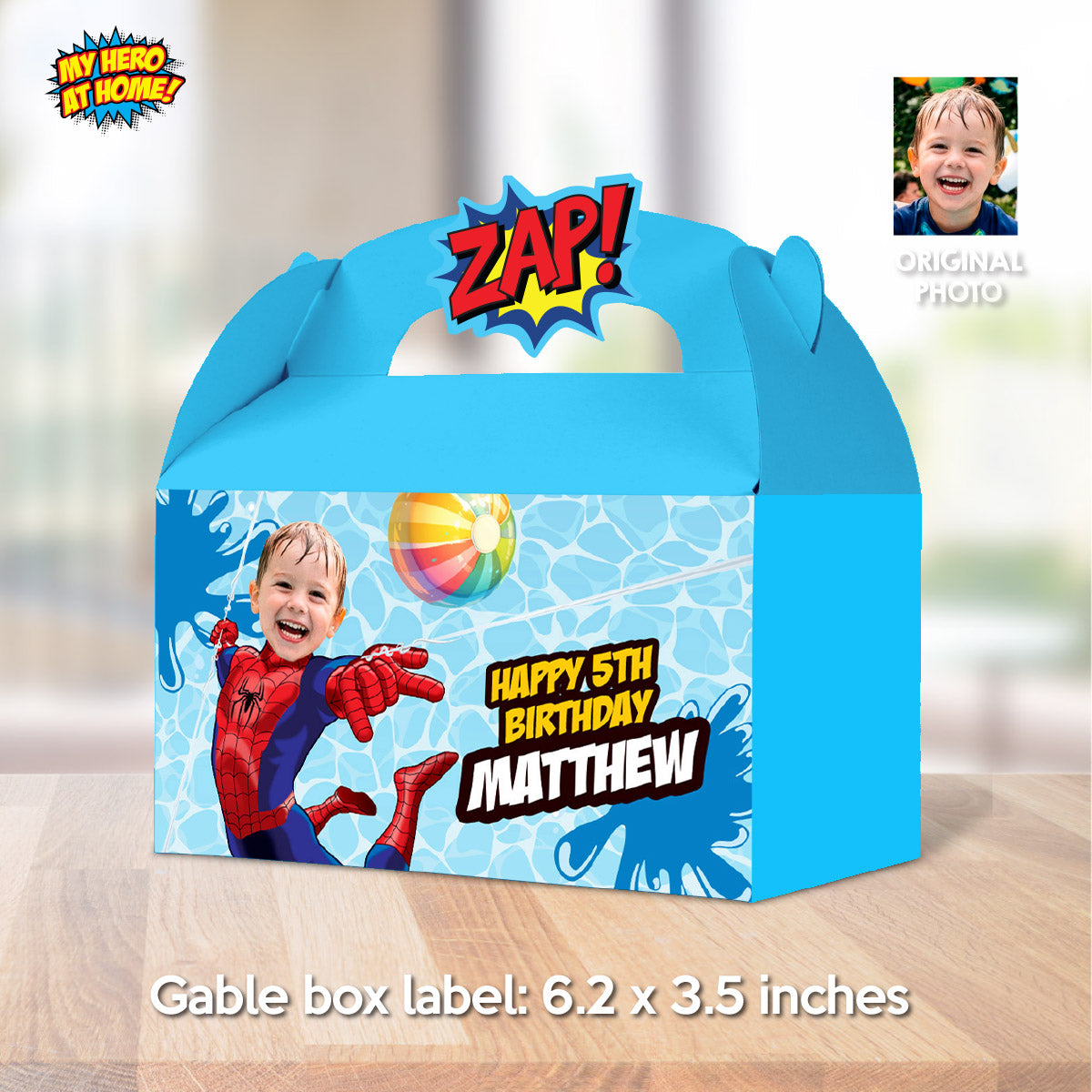 Custom Spiderman Pool Party Gable Box with photo, Splash Party Candy Gifts Boxes. 932BGB