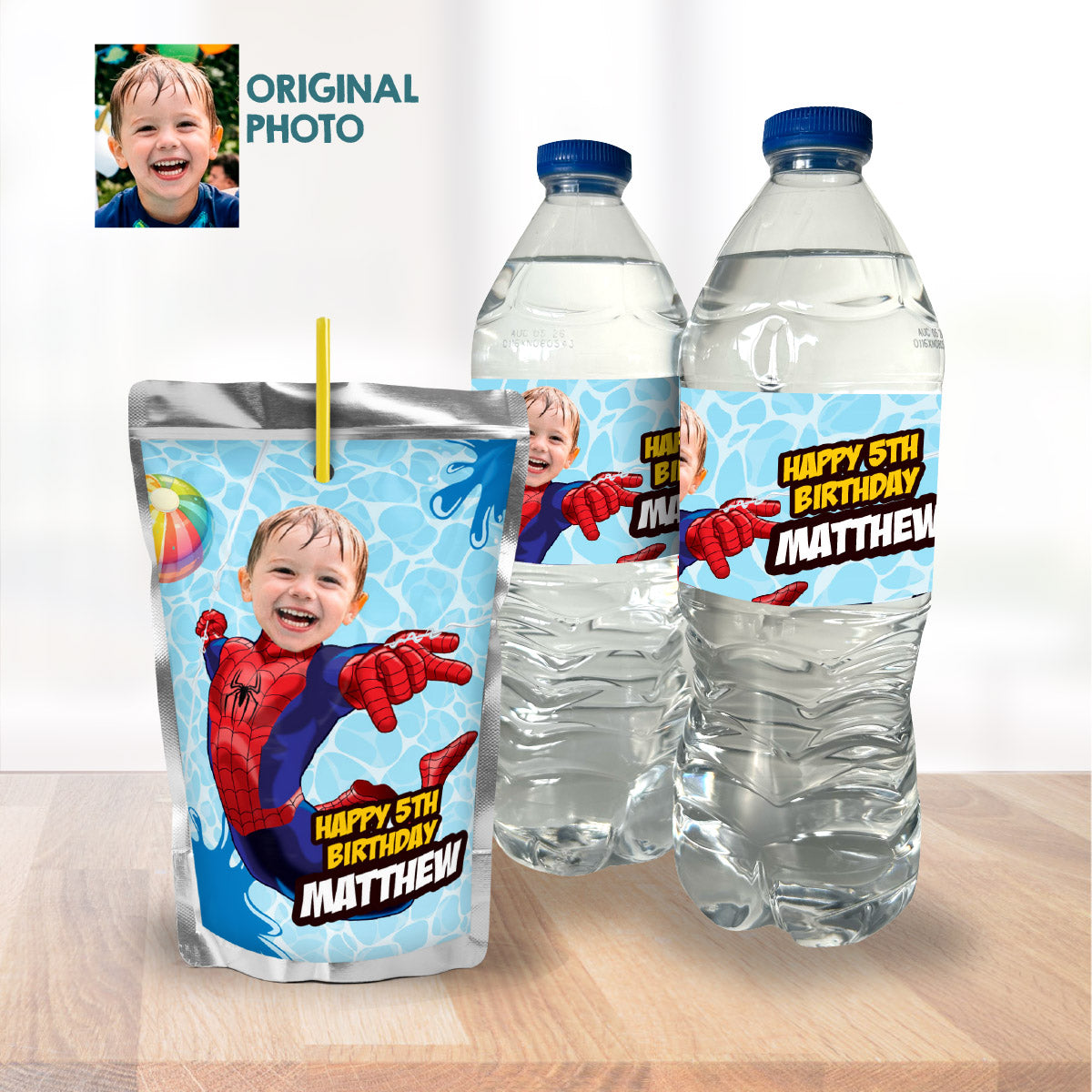 Custom Spiderman Pool Party Water Bottle Juices wrappers with photo. 932BWJ