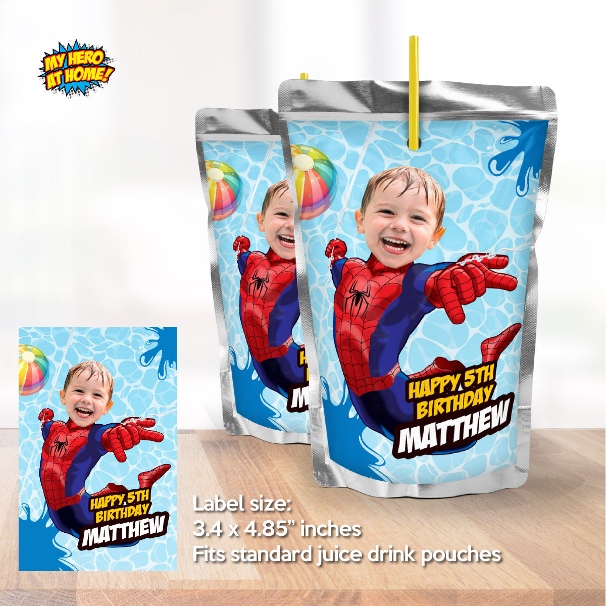 Custom Spiderman Pool Party Water Bottle Juices wrappers with photo. 932BWJ