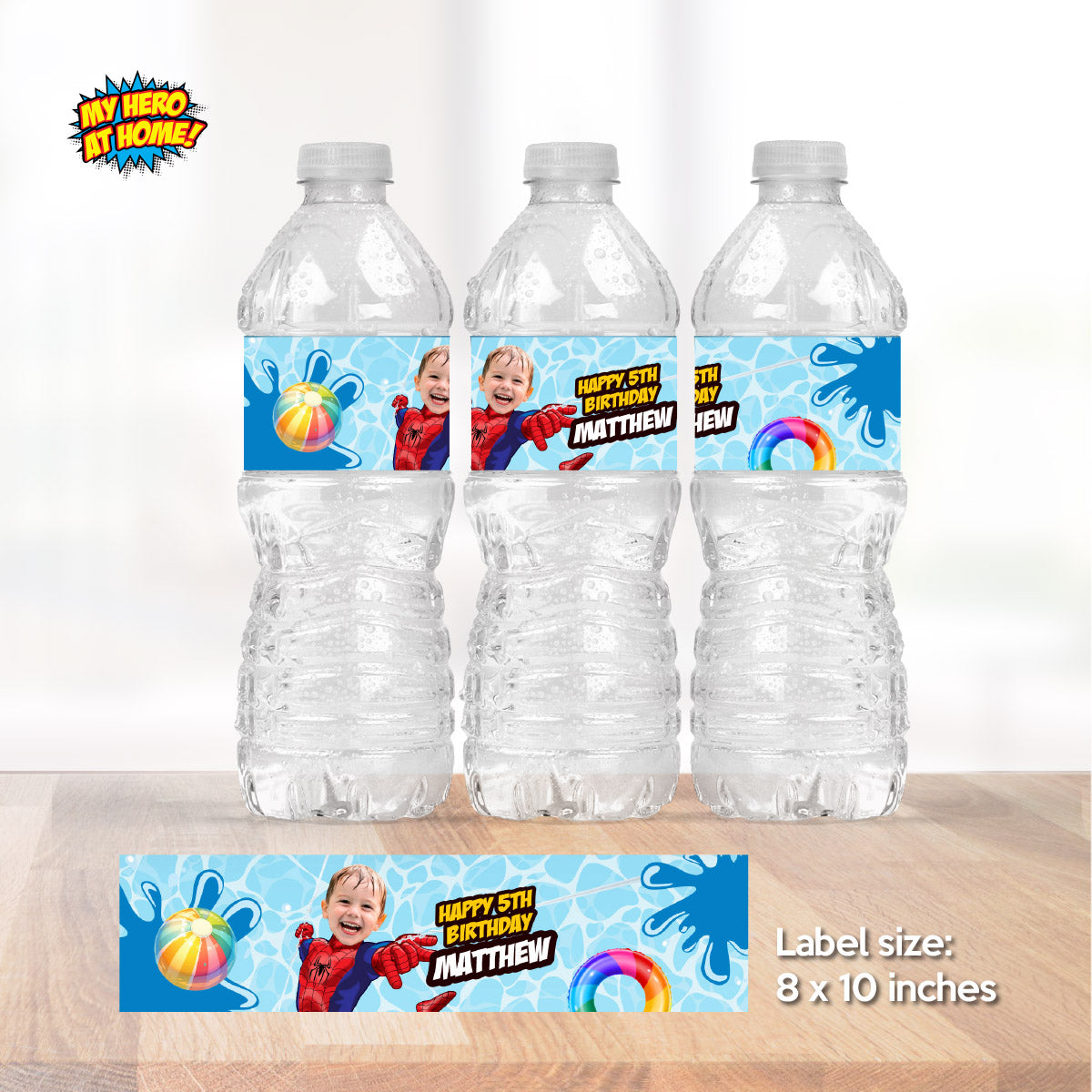 Custom Spiderman Pool Party Water Bottle Juices wrappers with photo. 932BWJ