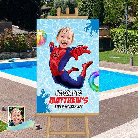 Custom Spiderman Pool Party Welcome Sign With Photo, Spidey Splash party Entrance. 932BWS