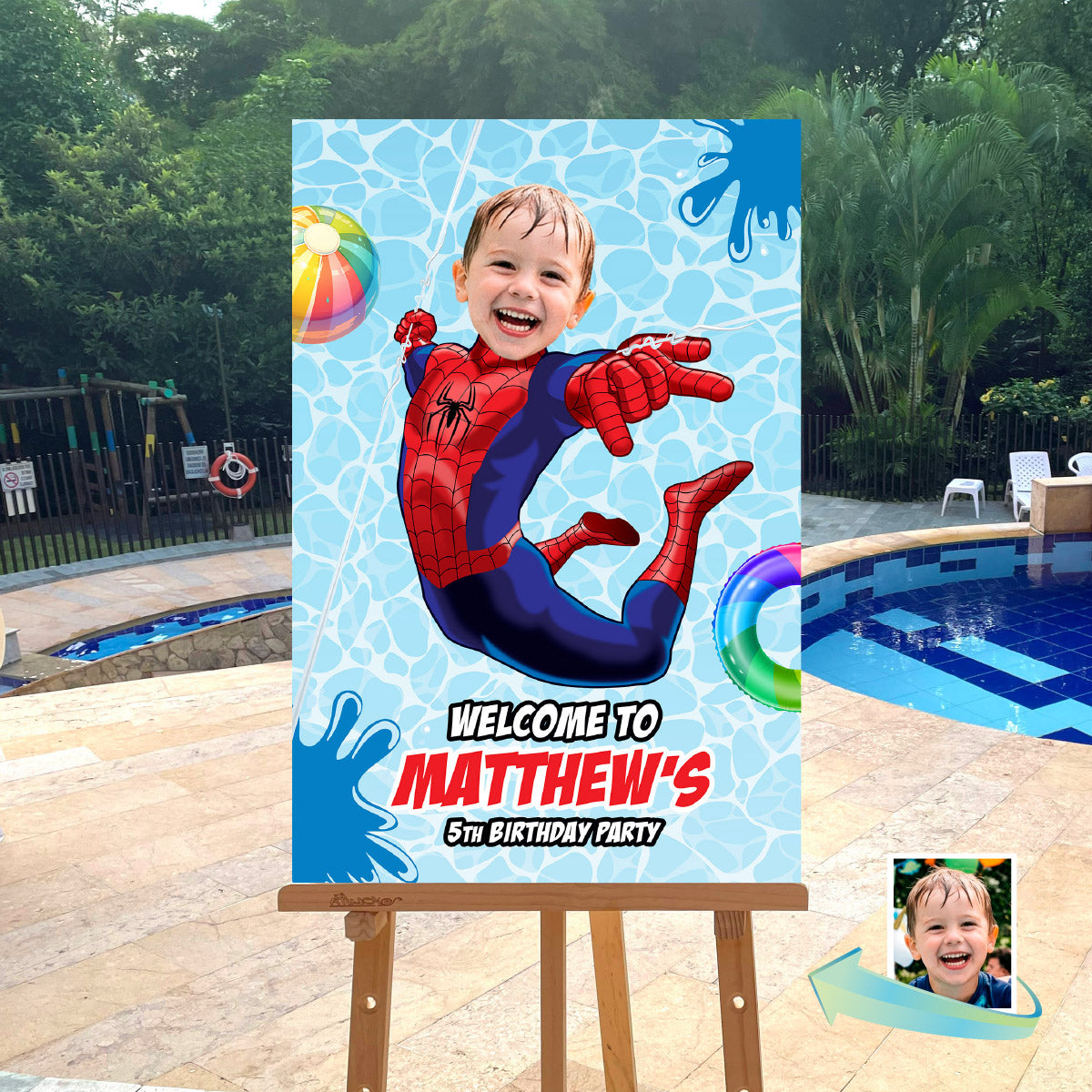 Custom Spiderman Pool Party Welcome Sign With Photo, Spidey Splash party Entrance. 932BWS