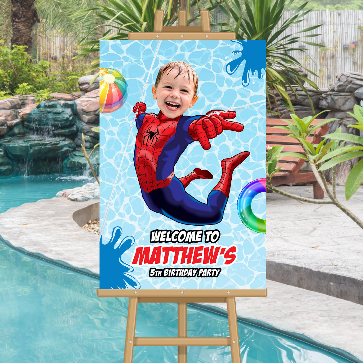 Custom Spiderman Pool Party Welcome Sign With Photo, Spidey Splash party Entrance. 932BWS