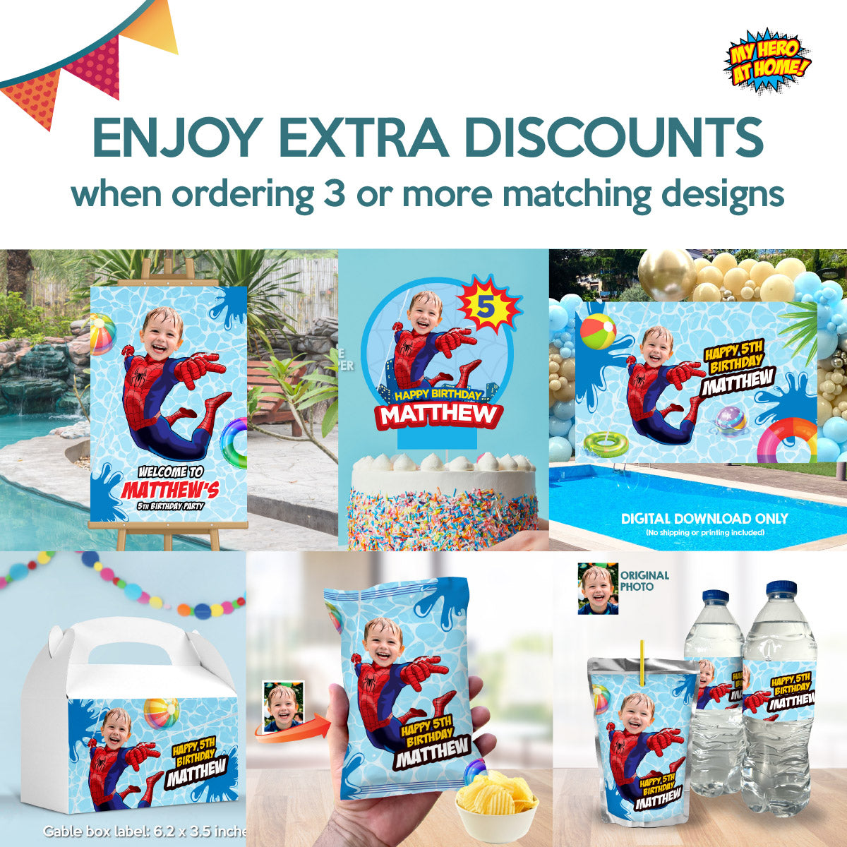 Spiderman Pool Party banner customized with your kid as Spiderman (6x2', Horizontal, Easy to print). 932BBH