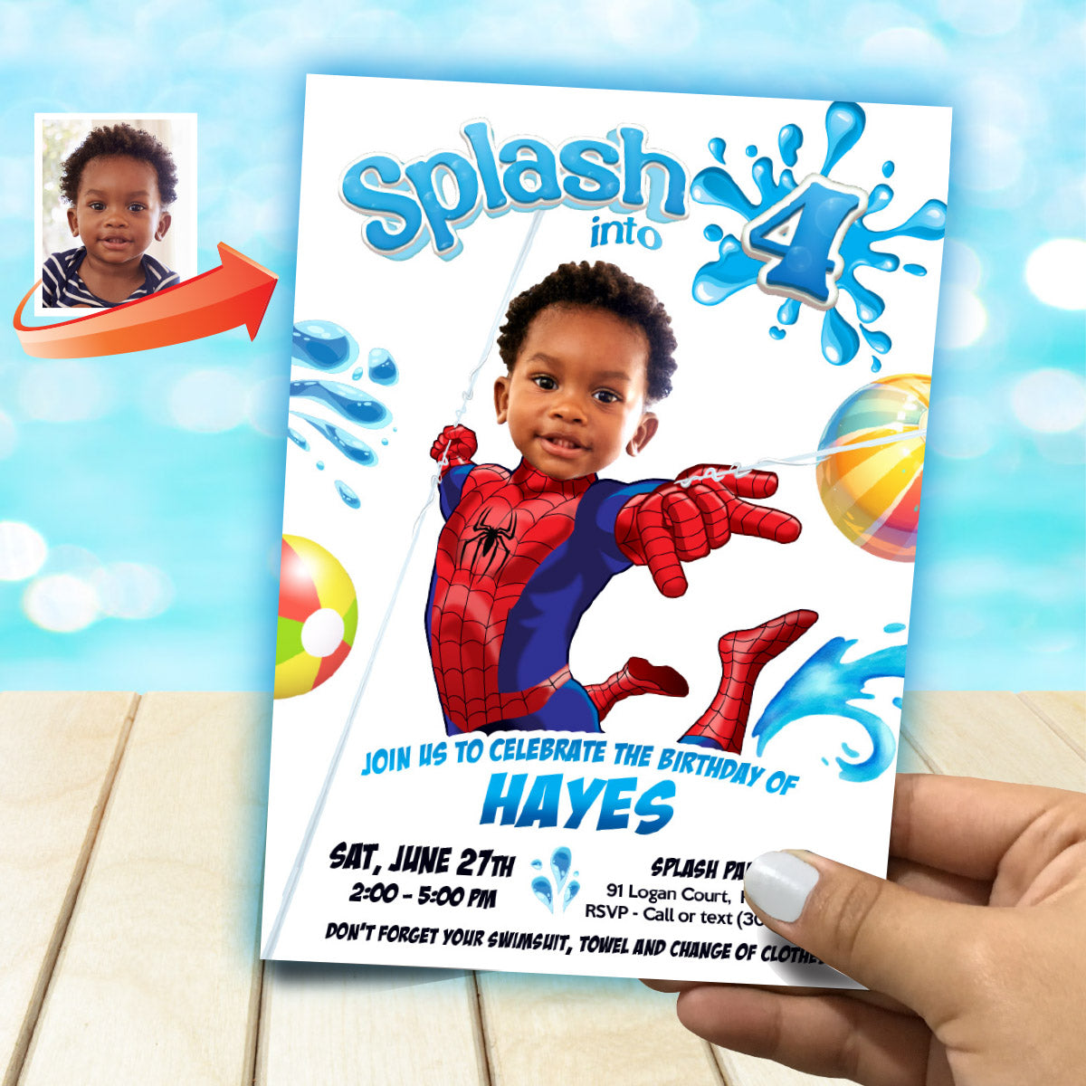Custom Spiderman Splash Party Invitation with Birthday Kid as the Superhero. 932E