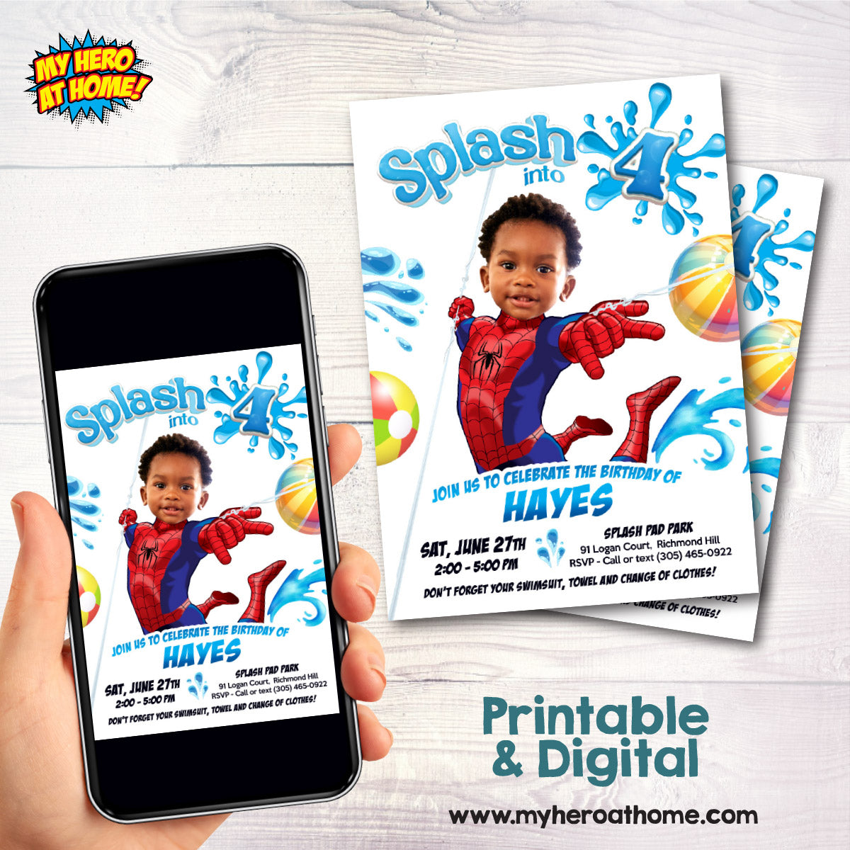 Custom Spiderman Splash Party Invitation with Birthday Kid as the Superhero. 932E