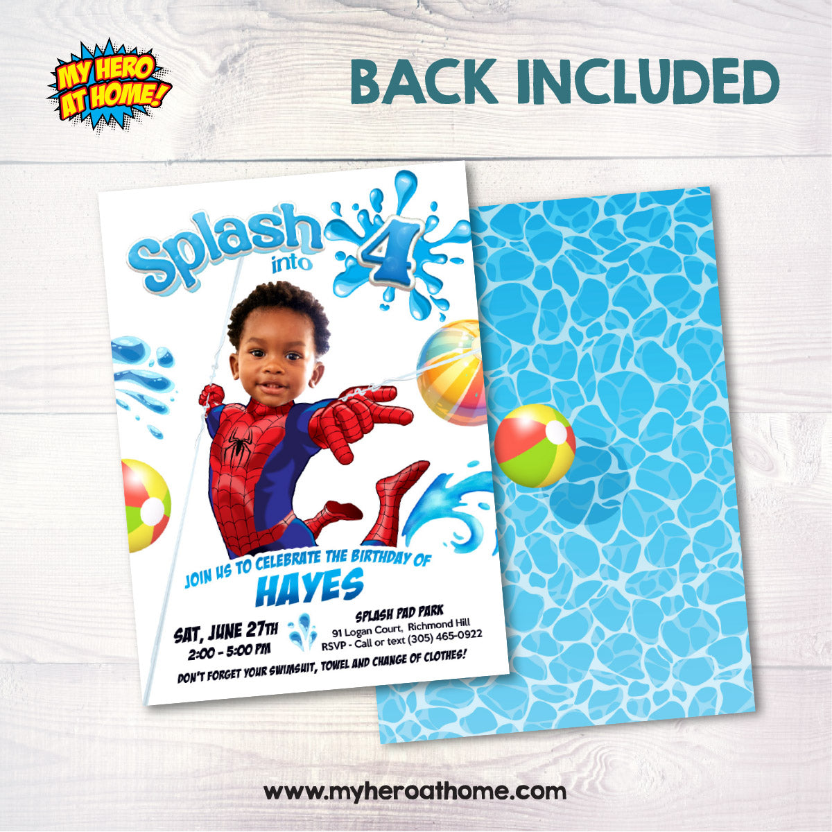 Custom Spiderman Splash Party Invitation with Birthday Kid as the Superhero. 932E
