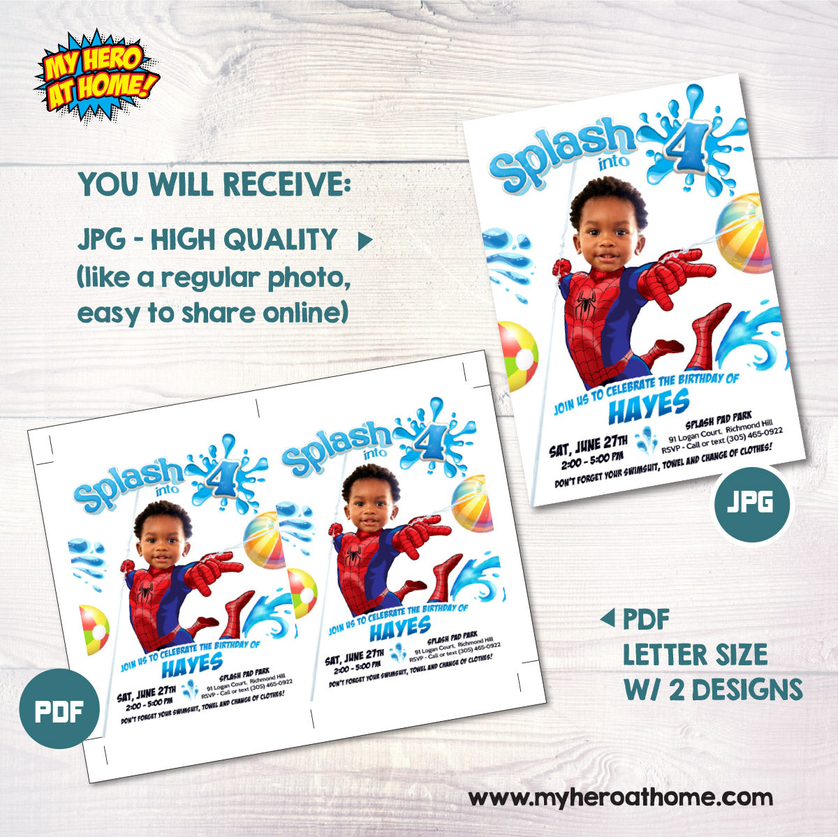 Custom Spiderman Splash Party Invitation with Birthday Kid as the Superhero. 932E