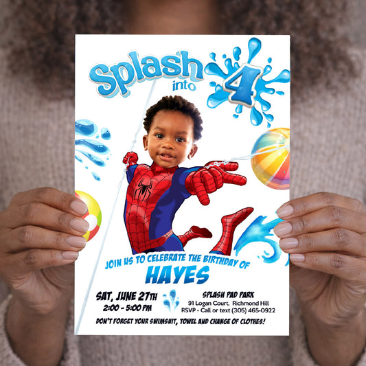 Custom Spiderman Splash Party Invitation with Birthday Kid as the Superhero. 932E