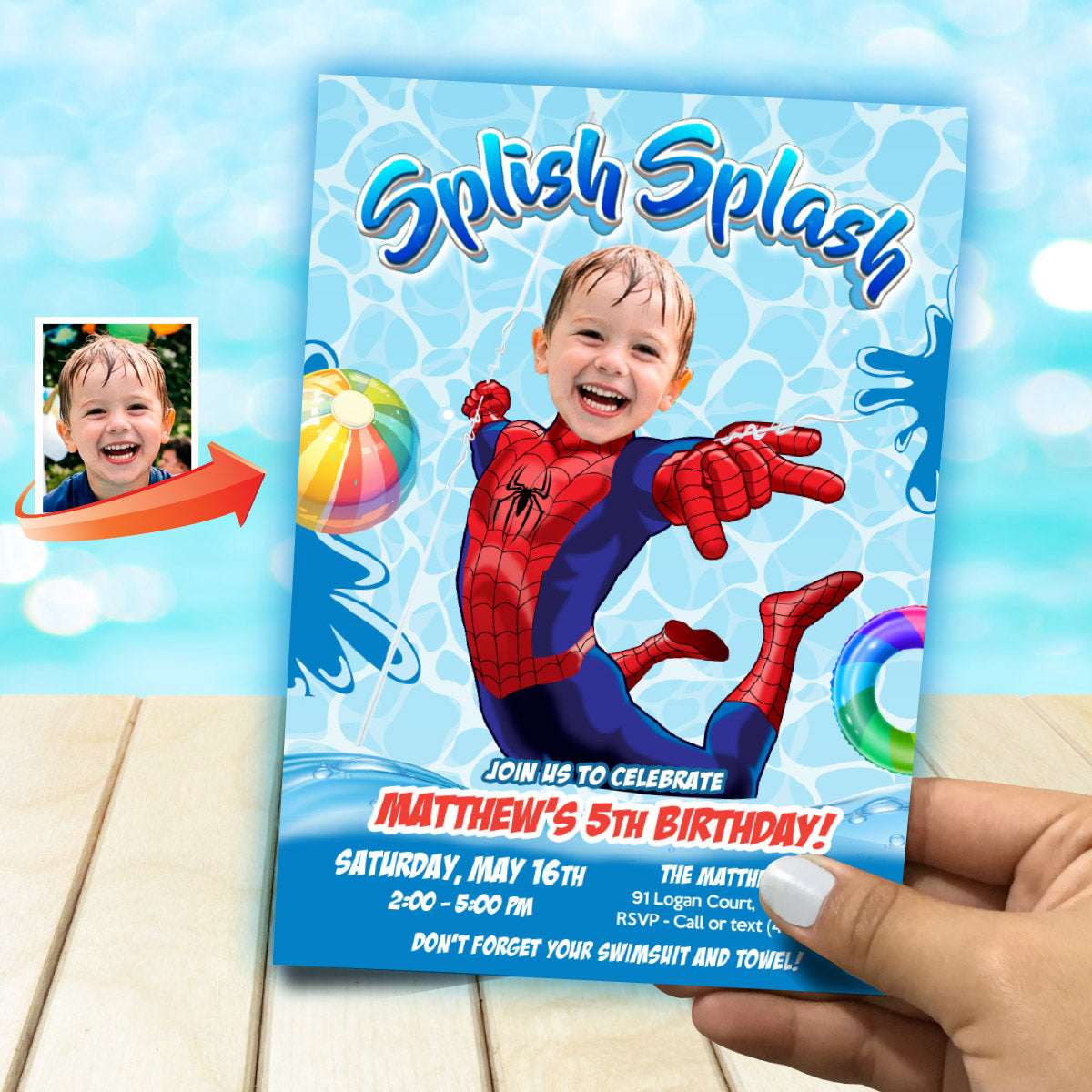 Personalized Spiderman Splash Birthday Party Invitation with photo. 932BIN2