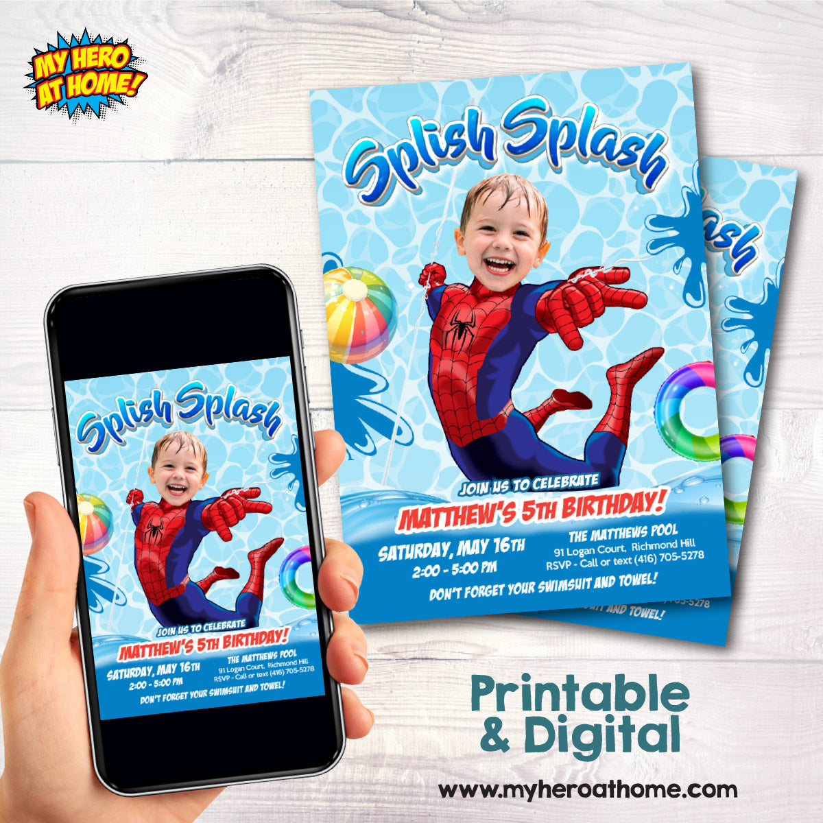 Personalized Spiderman Splash Birthday Party Invitation with photo. 932BIN2