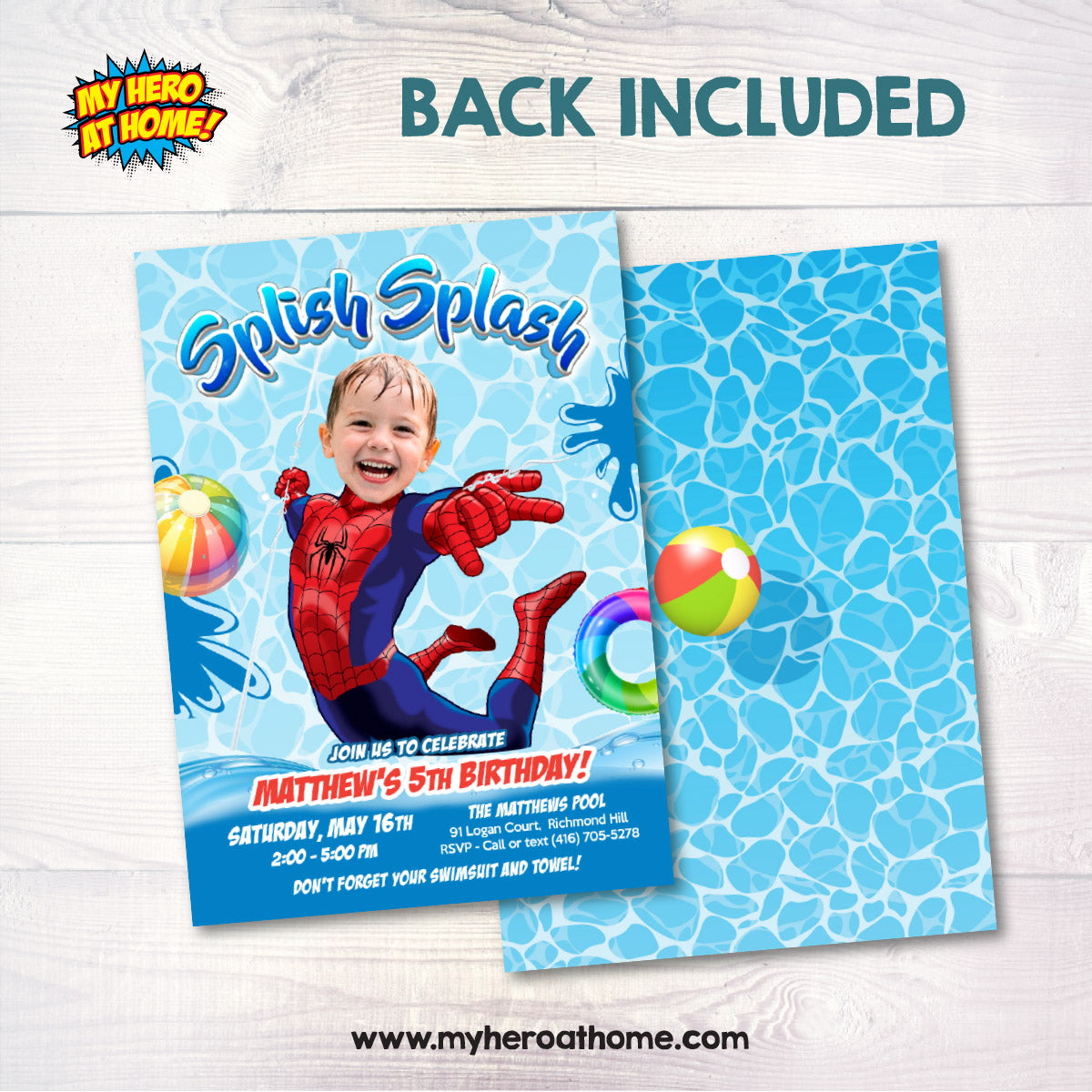Personalized Spiderman Splash Birthday Party Invitation with photo. 932BIN2
