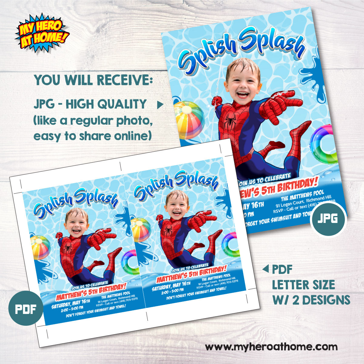 Personalized Spiderman Splash Birthday Party Invitation with photo. 932BIN2