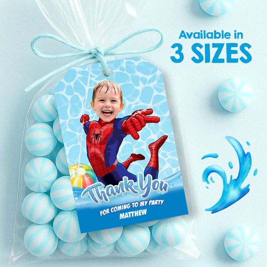 Custom Spiderman Splash Party Thank You, Favors Tags with photo (3 sizes included). 932B2TY