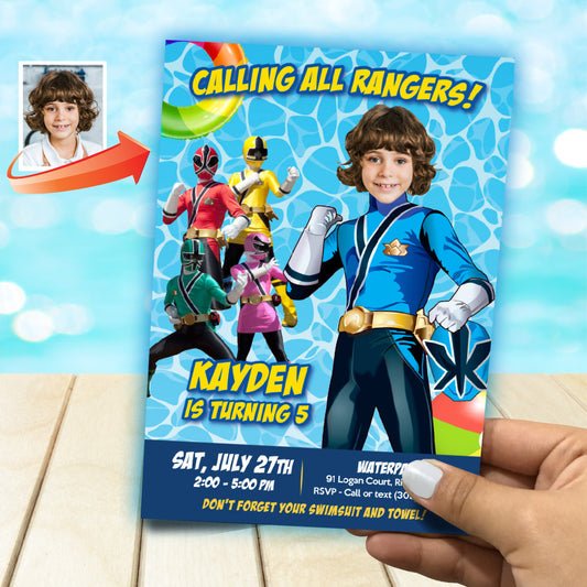 Super Pool Party Invitation with birthday boy as the Blue Power Ranger. 934IN