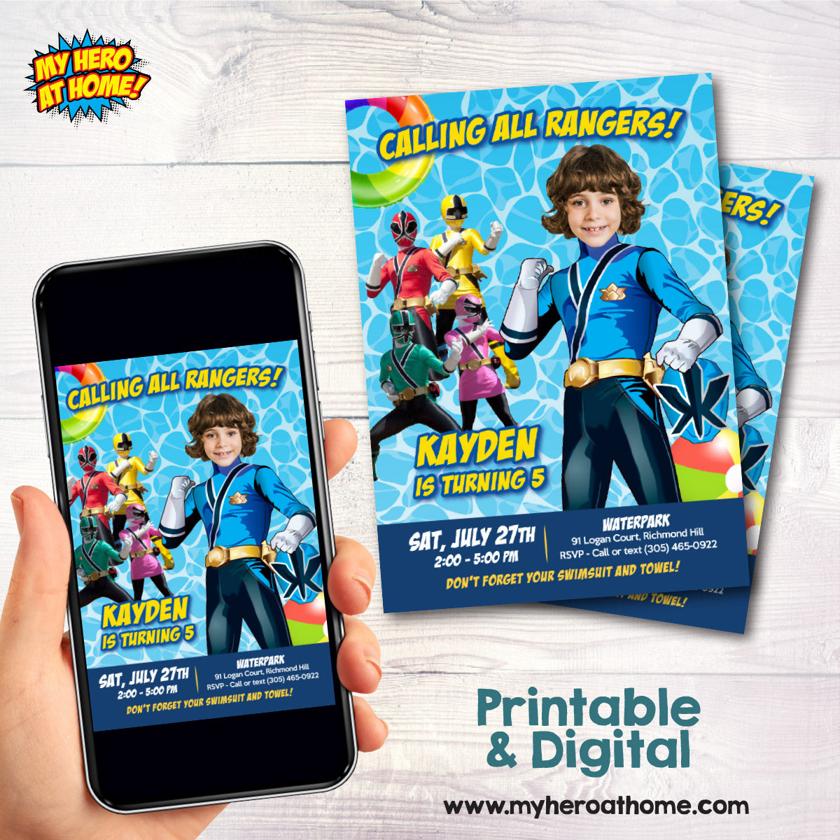 Super Pool Party Invitation with birthday boy as the Blue Power Ranger. 934IN