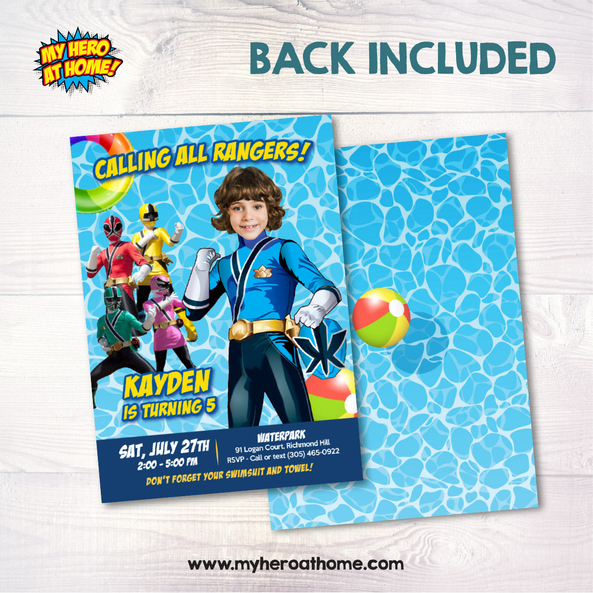 Super Pool Party Invitation with birthday boy as the Blue Power Ranger. 934IN