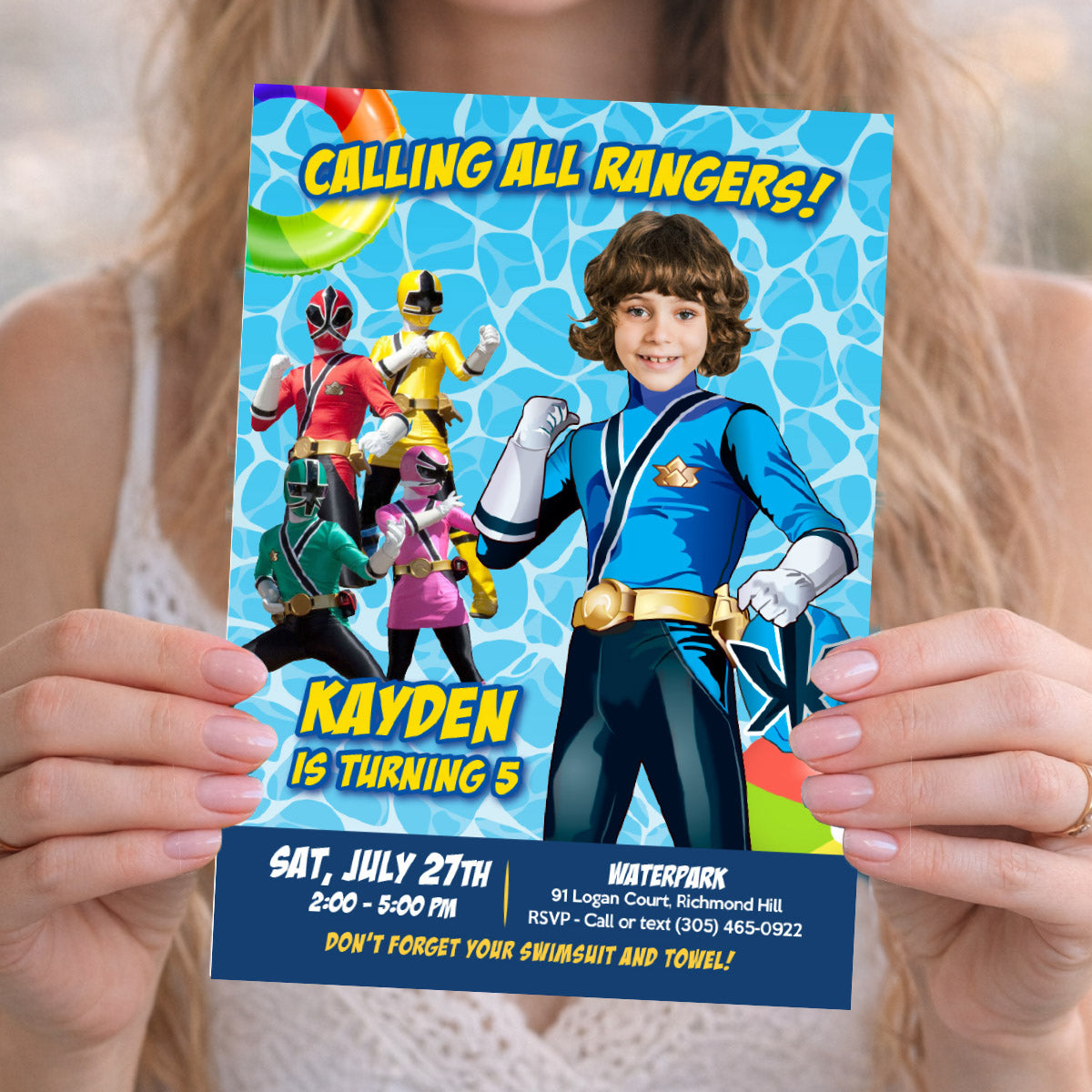 Super Pool Party Invitation with birthday boy as the Blue Power Ranger. 934IN
