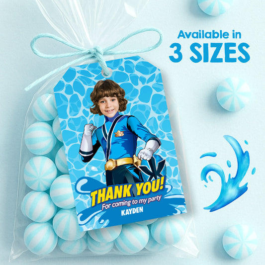 Personalized Blue Power Ranger Thank You and Favors Tags with birthday child as the star. 934TY