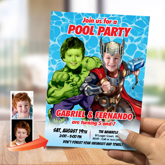 Thor and Hulk Pool Party Birthday Invitation, Siblings superheroes Splash template. 937IN