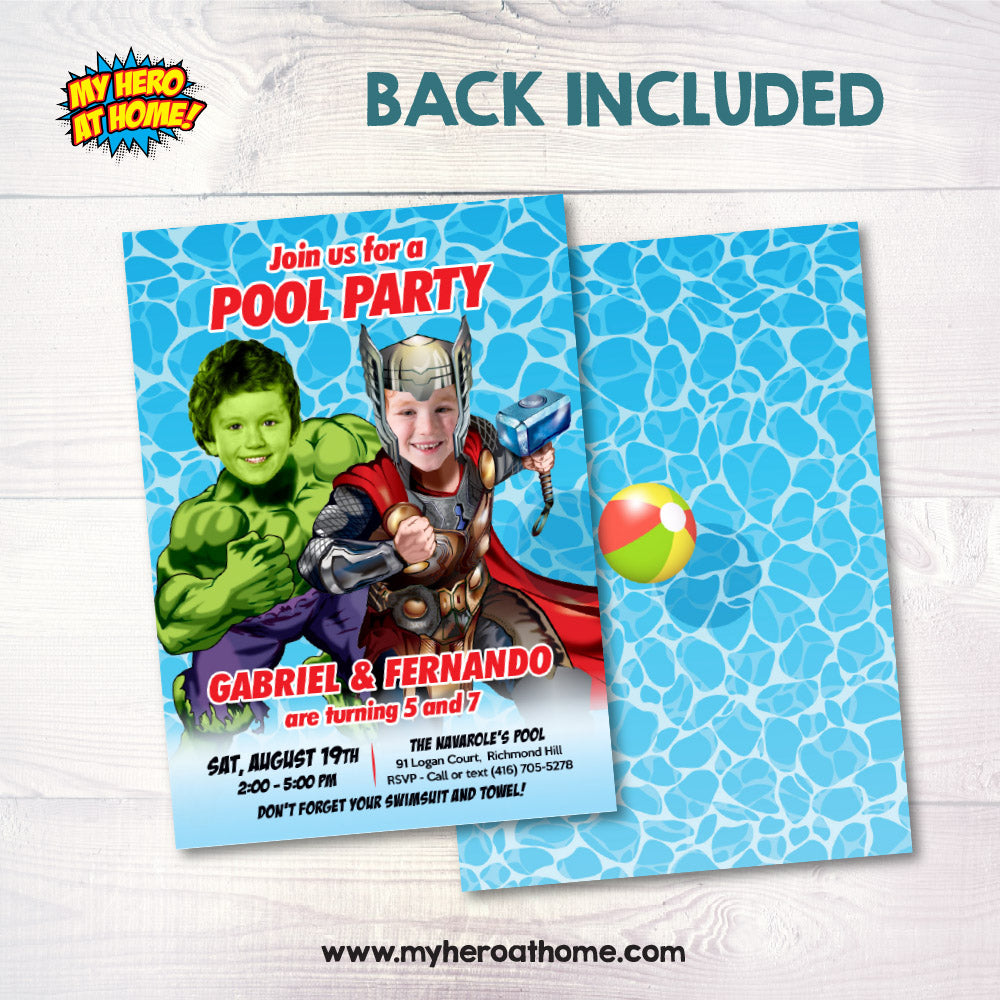 Thor and Hulk Pool Party Birthday Invitation, Siblings superheroes Splash template. 937IN
