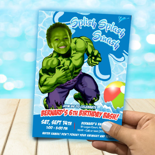 Hulk Splash Smash party Invitation with photo, Hulk Water slide Party, Hulk water party Invite. 944