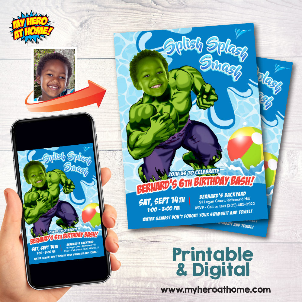 Hulk Splash Smash party Invitation with photo, Hulk Water slide Party, Hulk water party Invite. 944