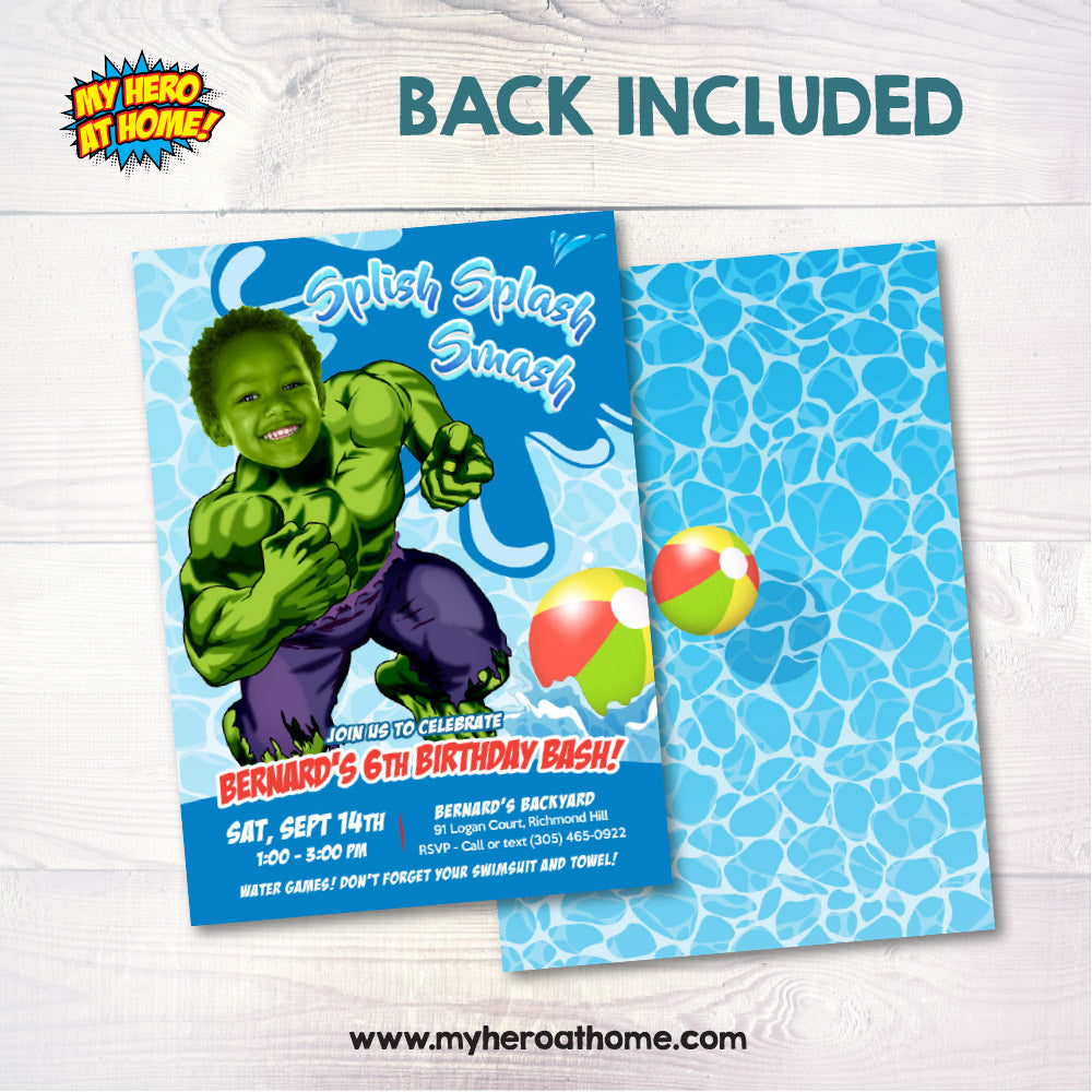 Hulk Splash Smash party Invitation with photo, Hulk Water slide Party, Hulk water party Invite. 944