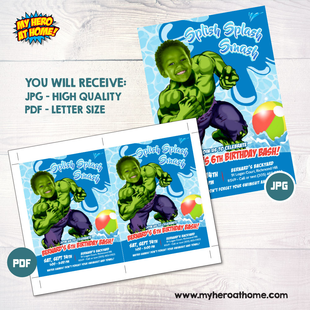 Hulk Splash Smash party Invitation with photo, Hulk Water slide Party, Hulk water party Invite. 944