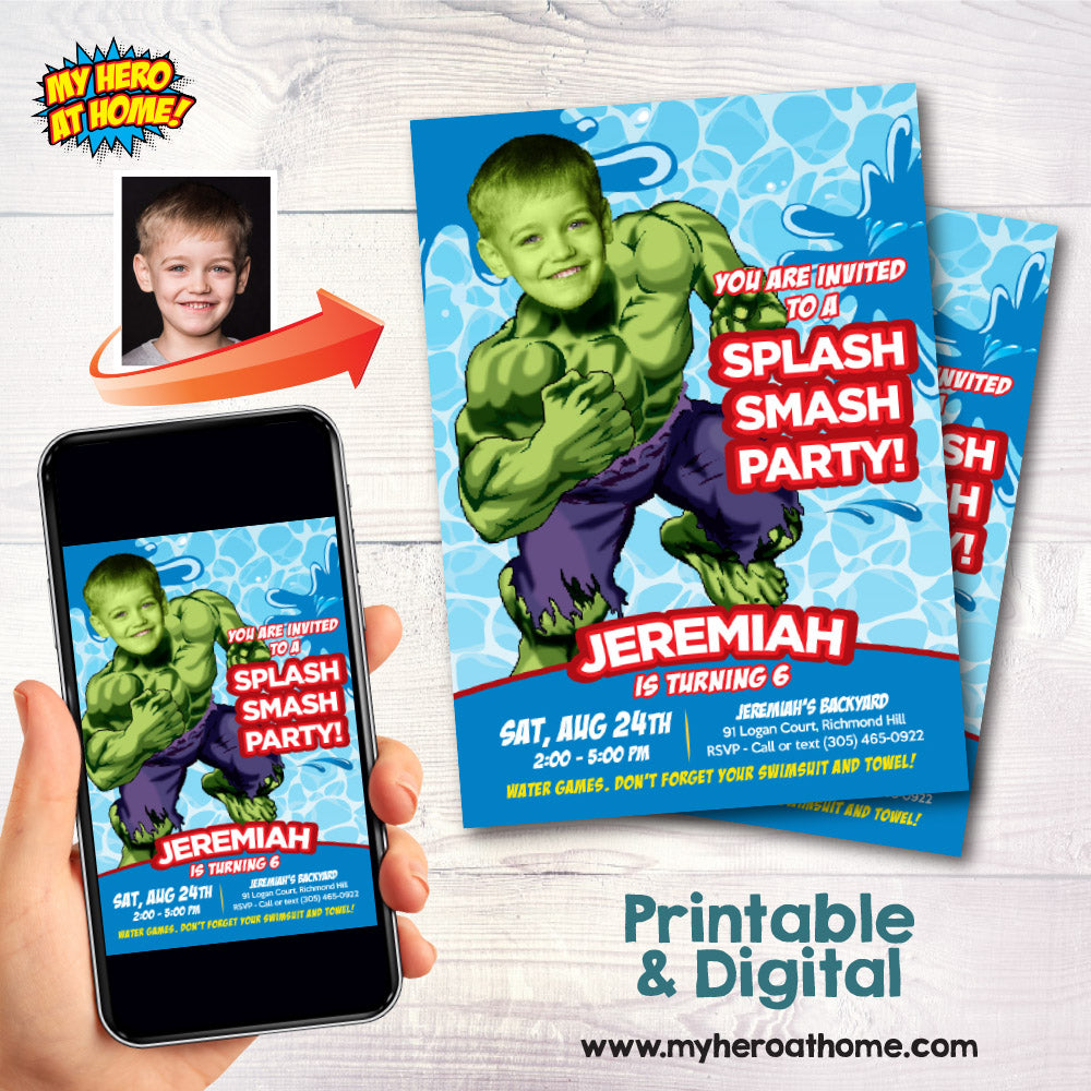 Hulk Splash Smash birthday template, Hulk Water slide party invite, Hulk Splash party flyer. 945