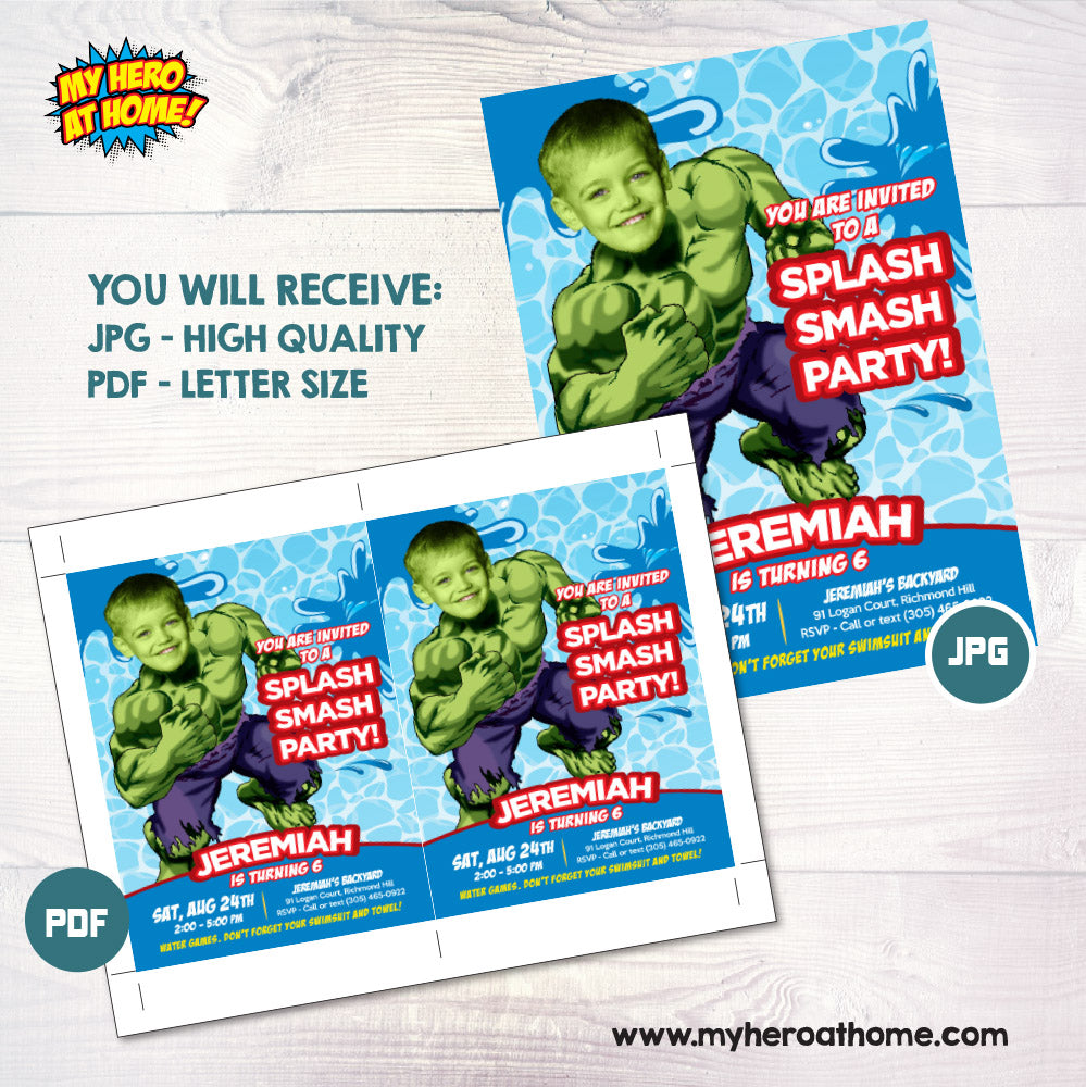 Hulk Splash Smash birthday template, Hulk Water slide party invite, Hulk Splash party flyer. 945