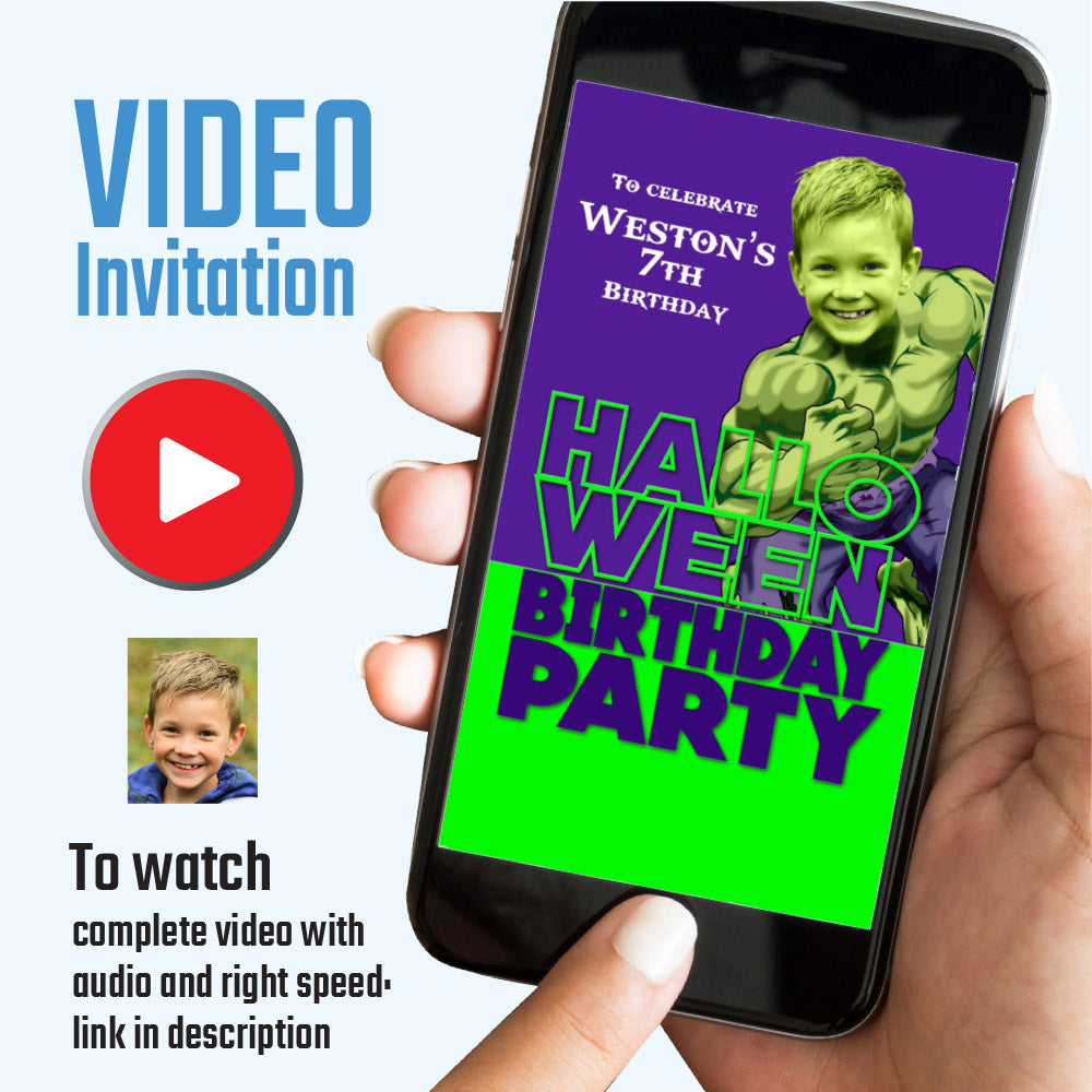 Hulk Halloween Birthday party video Invitation with your kid as Hulk, Superhero halloween video invite. (Share digitally). 962V
