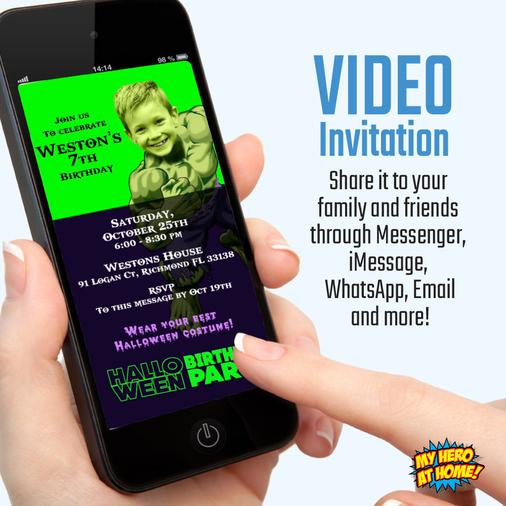 Hulk Halloween Birthday party video Invitation with your kid as Hulk, Superhero halloween video invite. (Share digitally). 962V