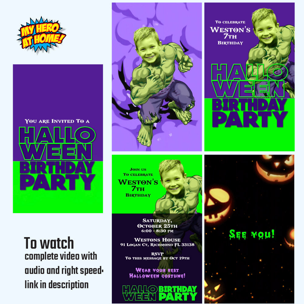 Hulk Halloween Birthday party video Invitation with your kid as Hulk, Superhero halloween video invite. (Share digitally). 962V