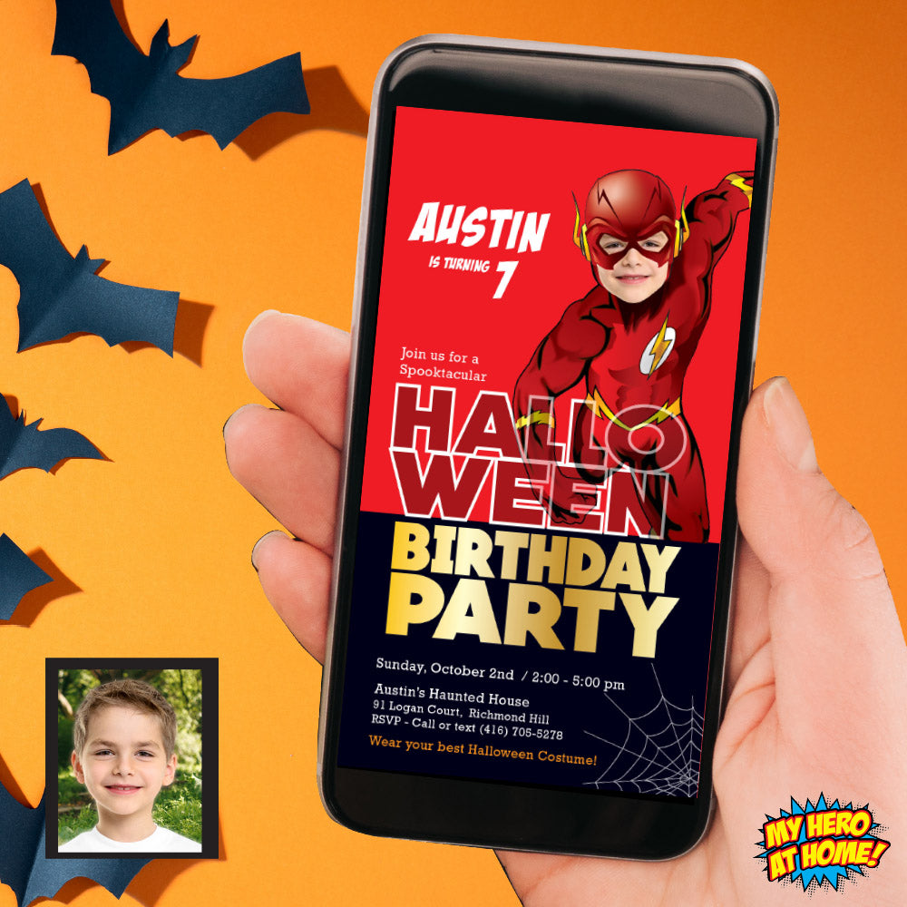 Personalized Flash Halloween birthday Digital Invitation with photo, Flash Spooktacular mobile. 971